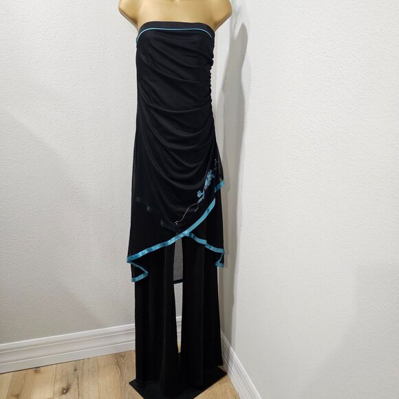 Embroidered Black Teal Trim Jumpsuit Womens Med Sheer Layered Sequins Strapless - Picture 1 of 8